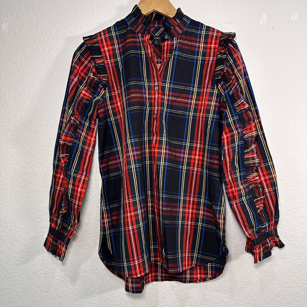 J.Crew Womens XS Plaid Ruffle Shoulder Pie Crust Collar Cotton Blouse Red Blue